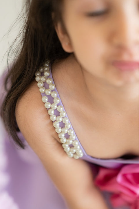 Pre-Order: Lavender satin dress with pearl straps and 3-d flower