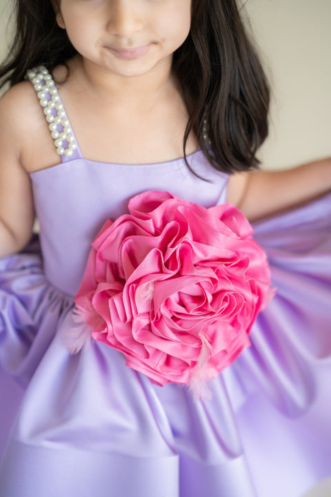 Pre-Order: Lavender satin dress with pearl straps and 3-d flower