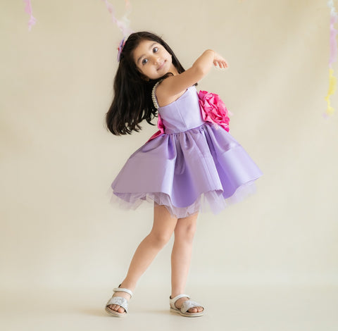 Pre-Order: Lavender satin dress with pearl straps and 3-d flower
