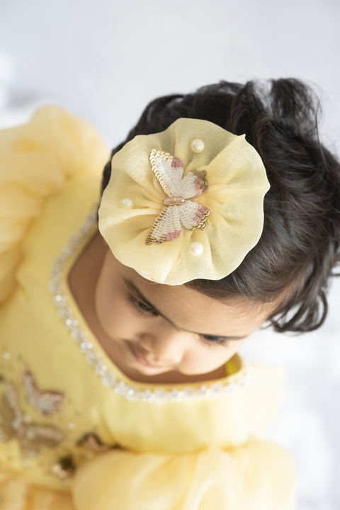 Pre-Order: Puffy Textured Shimmer Organza Dress with Golden Butterflies