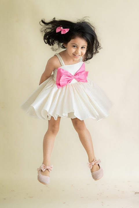 Pre-Order: Taffeta Flared Dress with Bow-Off-White
