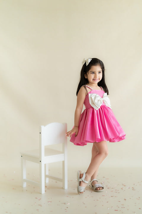 Pre-Order: Taffeta Flared Dress with Bow-Pink