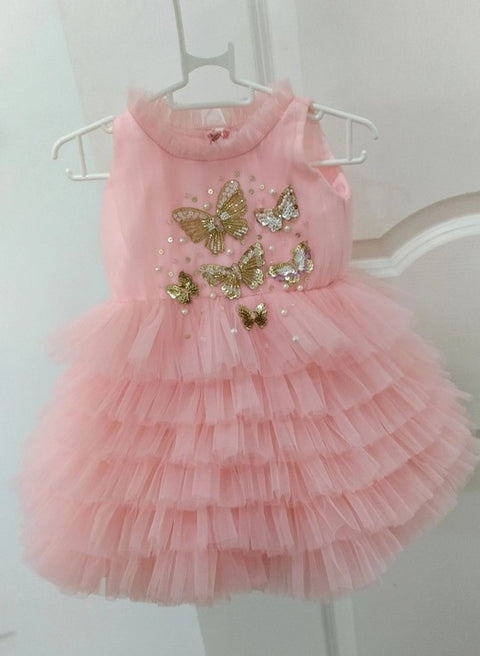 Pre-Order: Pink Layered Dress with Golden Butterflies