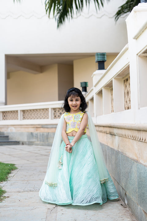 Pre-Order: Yellow and Mint Green Lehenga Set