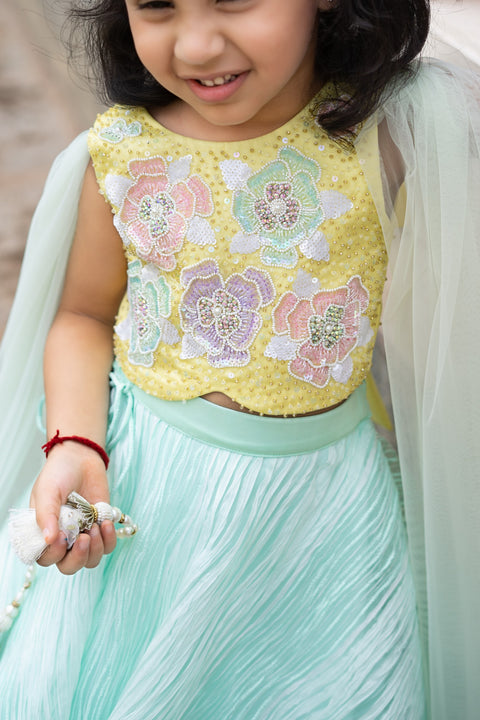 Pre-Order: Yellow and Mint Green Lehenga Set