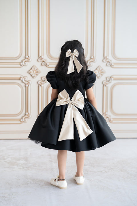Pre-Order: Black satin dress with gold embroidery