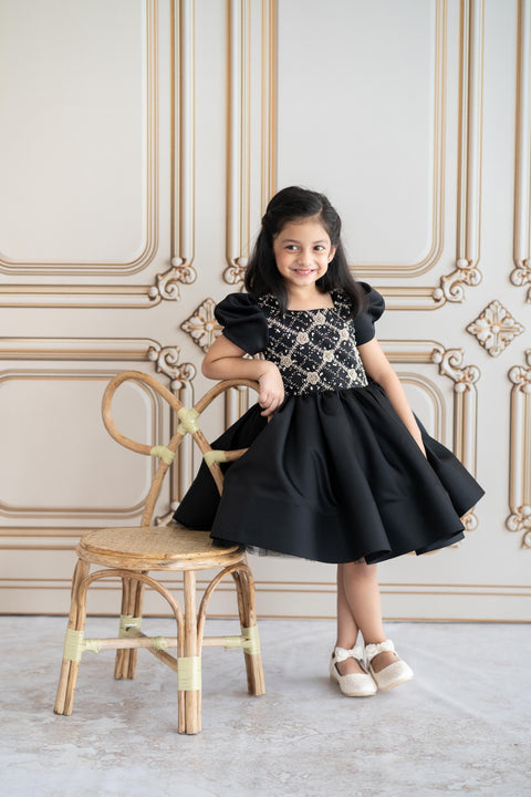 Pre-Order: Black satin dress with gold embroidery