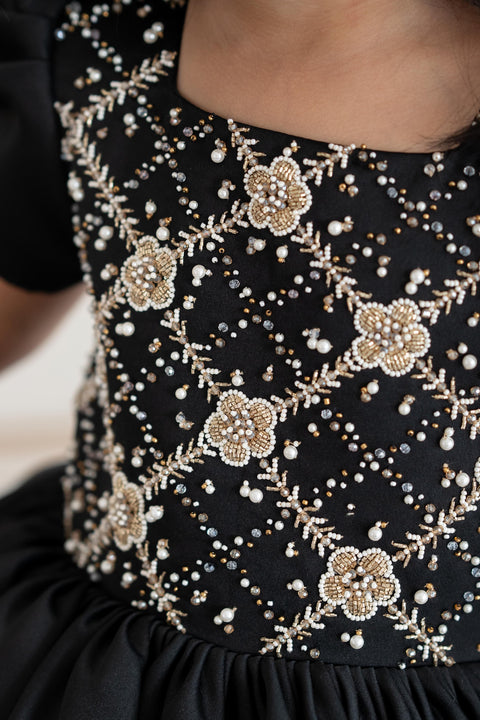 Pre-Order: Black satin dress with gold embroidery