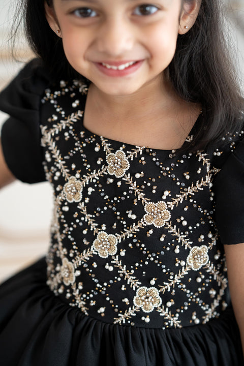 Pre-Order: Black satin dress with gold embroidery