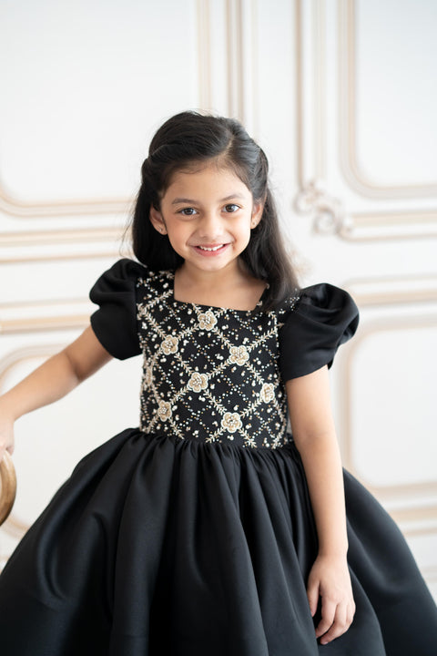 Pre-Order: Black satin dress with gold embroidery