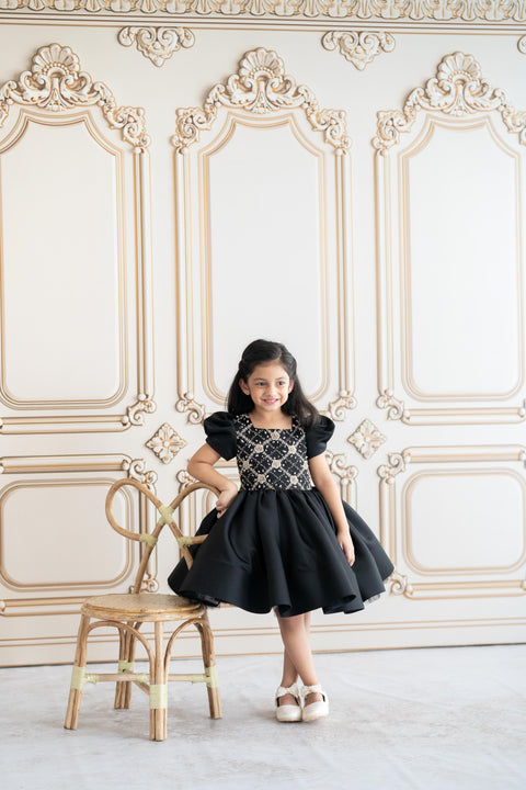 Pre-Order: Black satin dress with gold embroidery