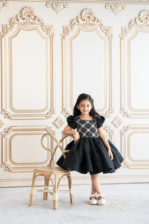 Pre-Order: Black satin dress with gold embroidery