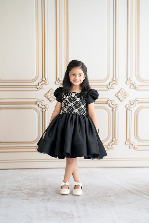 Pre-Order: Black satin dress with gold embroidery