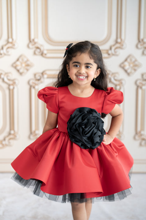 Pre-Order: Red satin dress with black rose applique