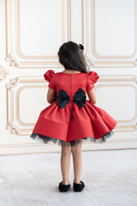 Pre-Order: Red satin dress with black rose applique