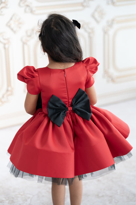 Pre-Order: Red satin dress with black rose applique