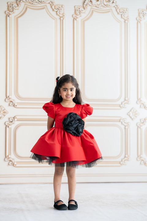 Pre-Order: Red satin dress with black rose applique