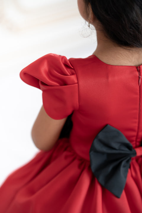 Pre-Order: Red satin dress with black rose applique