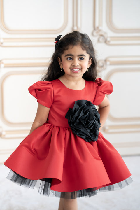 Pre-Order: Red satin dress with black rose applique