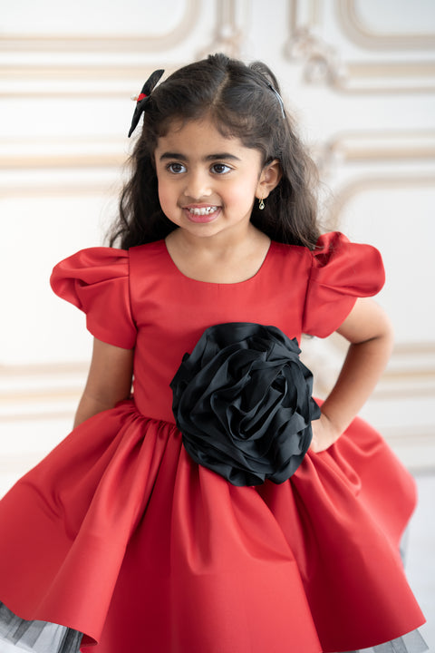 Pre-Order: Red satin dress with black rose applique