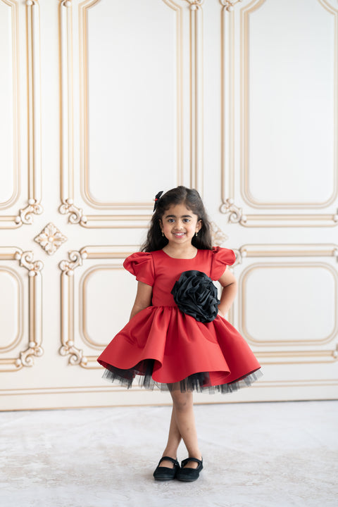 Pre-Order: Red satin dress with black rose applique