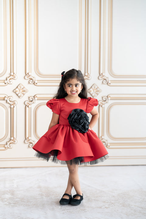 Pre-Order: Red satin dress with black rose applique