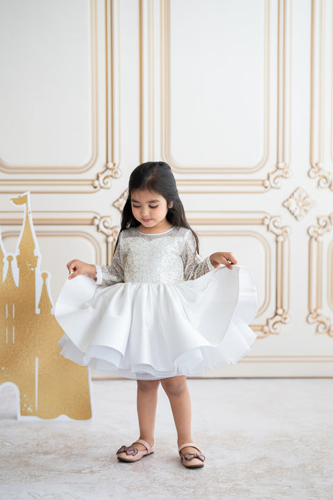 Pre-Order: Flared sequined white dress