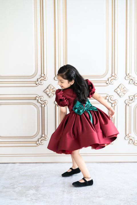 Pre-Order: Maroon satin dress with crystal stone embroidery