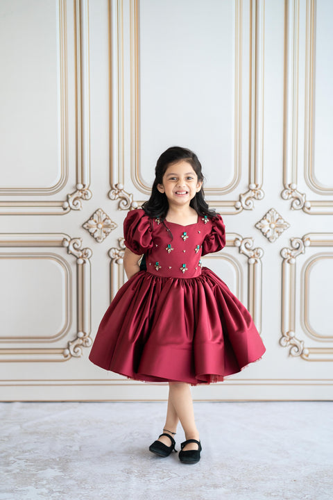 Pre-Order: Maroon satin dress with crystal stone embroidery