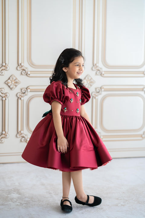 Pre-Order: Maroon satin dress with crystal stone embroidery