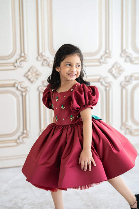 Pre-Order: Maroon satin dress with crystal stone embroidery