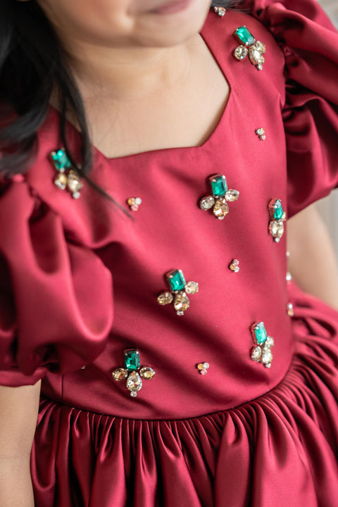 Pre-Order: Maroon satin dress with crystal stone embroidery