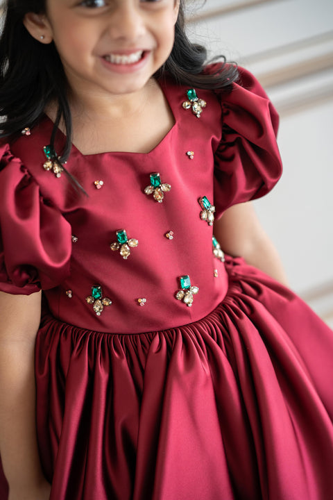 Pre-Order: Maroon satin dress with crystal stone embroidery