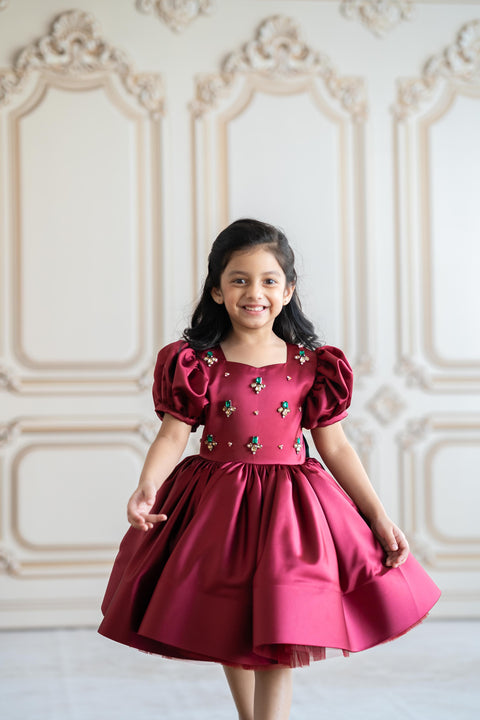 Pre-Order: Maroon satin dress with crystal stone embroidery