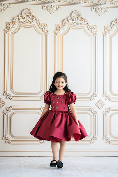 Pre-Order: Maroon satin dress with crystal stone embroidery