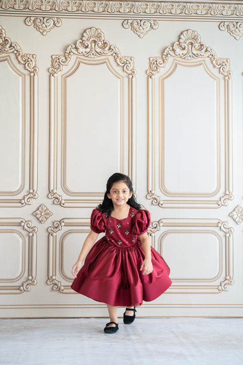 Pre-Order: Maroon satin dress with crystal stone embroidery