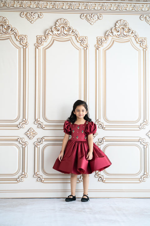 Pre-Order: Maroon satin dress with crystal stone embroidery