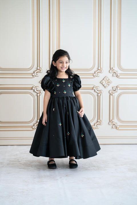 Pre-Order: Black satin gown with crystal stone embroidery (ankle length)