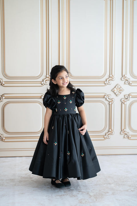 Pre-Order: Black satin gown with crystal stone embroidery (ankle length)