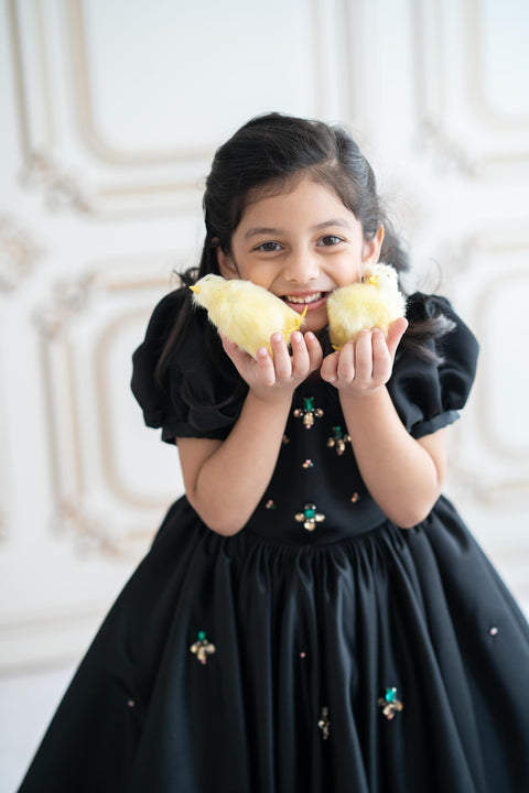 Pre-Order: Black satin gown with crystal stone embroidery (ankle length)