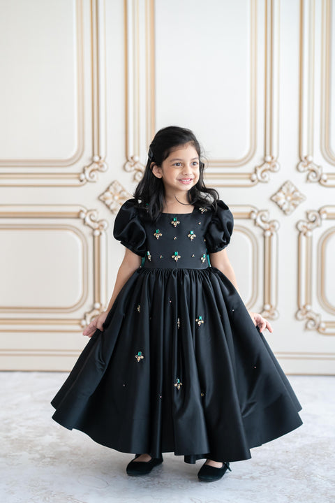 Pre-Order: Black satin gown with crystal stone embroidery (ankle length)