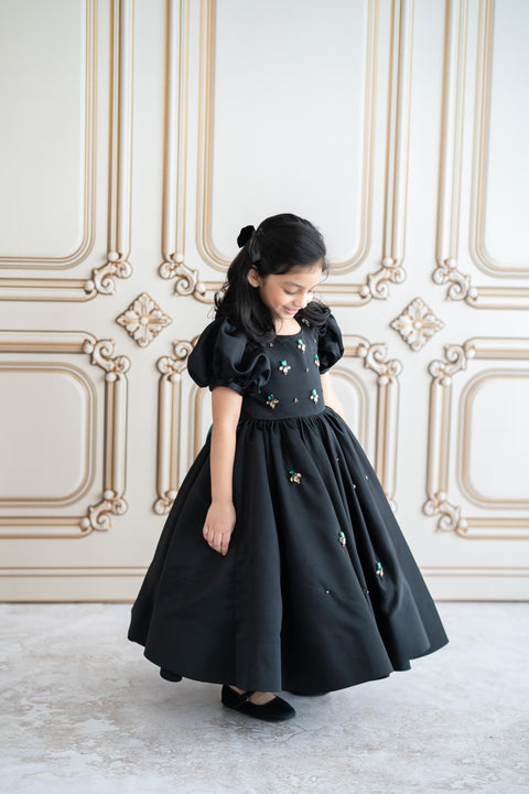 Pre-Order: Black satin gown with crystal stone embroidery (ankle length)