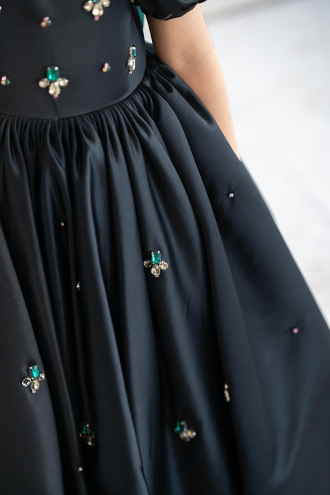 Pre-Order: Black satin gown with crystal stone embroidery (ankle length)