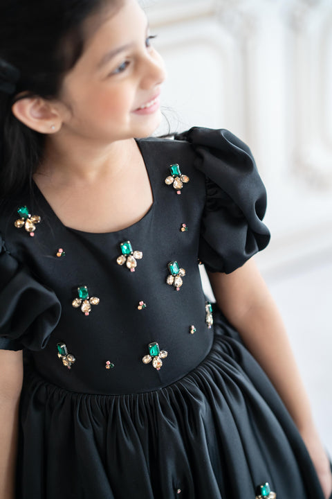 Pre-Order: Black satin gown with crystal stone embroidery (ankle length)