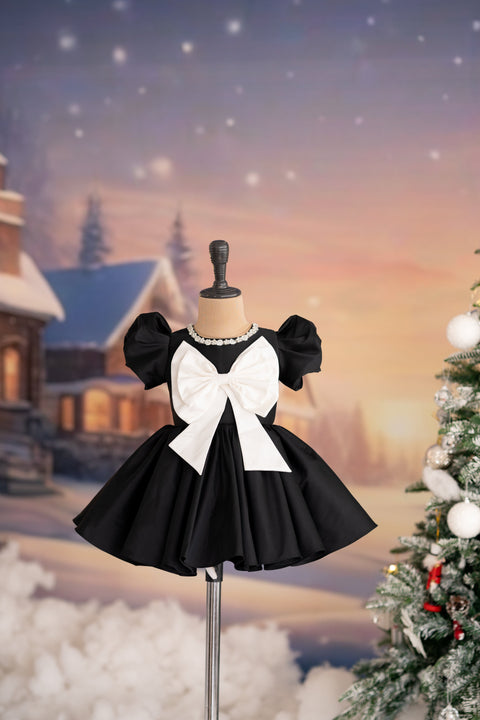 Pre-Order: Black taffeta dress with bow applique