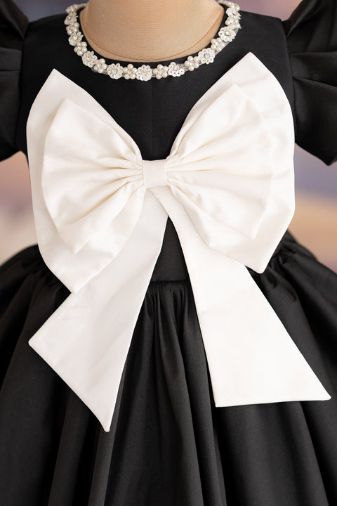 Pre-Order: Black taffeta dress with bow applique