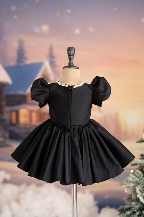 Pre-Order: Black taffeta dress with bow applique