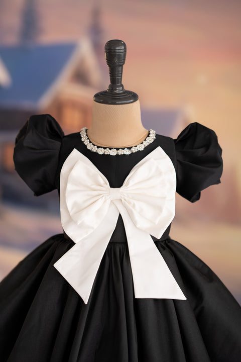 Pre-Order: Black taffeta dress with bow applique