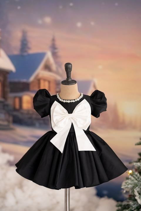 Pre-Order: Black taffeta dress with bow applique