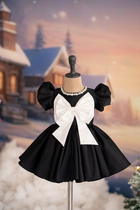 Pre-Order: Black taffeta dress with bow applique